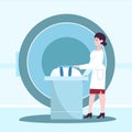 Female doctor with patient lying, making magnetic resonance imaging. Flat design illustration. Vector