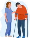 Female doctor physical therapist helping male patient on crutches. A nurse helps a man with crutches to walk. Healthcare