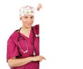 Female doctor pointing on a blank board Royalty Free Stock Photo