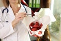 Female doctor points on model of female pelvis in her hands.