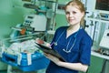 Female doctor portrait in front of intensive care unit for newborn infant baby Royalty Free Stock Photo