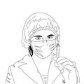 Female doctor in protective medical mask holds a syringe. Injections, medical procedures. Sketch, vector illustration