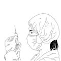 Female doctor in protective medical mask holds a syringe. Injections, medical procedures. Sketch, vector