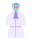 Female doctor in protective suit, medical mask, goggles greeting with palms together. Woman surgeon praying hands gesture