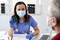 Female doctor recommends medication to elderly patient Royalty Free Stock Photo