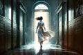 A Female Doctor Runs Down The Corridor With Her Back. Generative AI