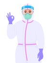 Female doctor in safety protective suit, glasses and mask showing okay, OK gesture sign. Physician gesturing success or winner