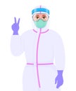 Female doctor in safety protective suit, mask and face shield showing victory or peace gesture sign. Physician gesturing success