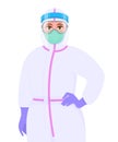 Female doctor in safety protective suit, mask, glasses and face shield posing hand on hip. Physician or surgeon wearing PPE.