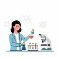 Female doctor or scientific researcher holds in hands flasks