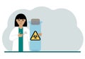 A female doctor or scientist is holding a test tube with a biohazard or virus warning label on it. Biological hazard.