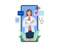 Female doctor on the screen of smartphone holding clipboard