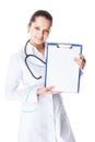 Female doctor showing blank clipboard Royalty Free Stock Photo