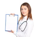 Female doctor showing blank paper sheet Royalty Free Stock Photo