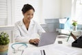 Female Doctor Sitting At Desk Working At Laptop In Office Royalty Free Stock Photo