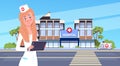 Female Doctor Standing Over Modern Hospital Building Exterior Background Medical Clinic Concept Royalty Free Stock Photo