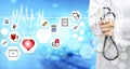 Female doctor with stethoscope and icon medical on hospital background, healt care icon
