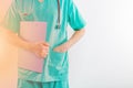 Female doctor, surgeon, nurse, pharmacy with stethoscope holding Royalty Free Stock Photo