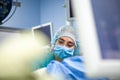 Female Doctor in Surgery Operating Hospital Room. Surgeon medic in protective work wear gloves, mask and cap Royalty Free Stock Photo