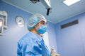 Female Doctor in Surgery Operating Hospital Room. Surgeon medic in protective work wear gloves, mask and cap Royalty Free Stock Photo