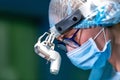 Female Doctor in Surgery Operating Hospital Room. Surgeon medic in protective work wear gloves, mask and cap Royalty Free Stock Photo