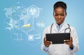 female doctor with tablet pc computer over charts Royalty Free Stock Photo