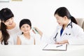 Female doctor Taking temperature using in ear thermometer Royalty Free Stock Photo