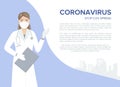 Female doctor tells about Coronavirus. Banner with space for text. Vector illustration