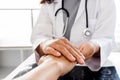 The female doctor uses a friendly hand to hold the hand of the patient to give confidence after the x-ray and advise on health Royalty Free Stock Photo