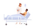Female doctor visit black skin man at hospital room vector flat illustration. Male lying on bed with dropper during