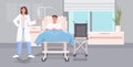 Female doctor visiting ill man patient lying on bed in hospital ward medicine health care treatment concept full length