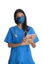 Female doctor wearing mask holding digital tablet in hands on white background Royalty Free Stock Photo