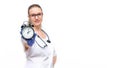 Female doctor in white coat he holds watch in his hand. Time to take care of your health. Isolated on white background Royalty Free Stock Photo