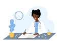 Female doctor writing medical prescription. African woman in white coat sitting at table and write recipe for patient