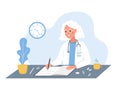 Female doctor writing medical prescription. Elderly woman in white coat sitting at table and write recipe for patient