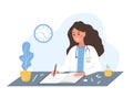 Female doctor writing medical prescription. Woman in white medical coat sitting at table and write recipe for patient