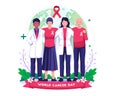 Female doctors and cancer patients embrace each other. People celebrating World Cancer Day. Vector illustration