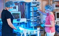 Female doctors in front of intensive care unit for newborn infant baby Royalty Free Stock Photo