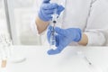 Female doctors hands in blue medical gloves hold syringe and ampoule with vaccine, preparing to make injection. Royalty Free Stock Photo