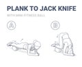 Female Doing Plank to Twist Jack Knife with Mini Fit Ball Home Workout Exercise Guide Illustration.