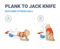 Female Doing Plank to Twist Jack Knife with Mini Fit Ball Home Workout Exercise Guide Illustration.