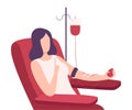 Female Donor Giving Blood in Medical Hospital, Volunteer Character Sitting in Medical Chair, Blood Donation Flat Vector