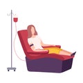 Female Donor Giving Blood in Medical Hospital, Woman Sitting in Medical Chair Donating Blood Flat Vector Illustration