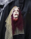 Female dracula monster head with bloody fangs and purple hair