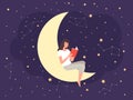 Female dreaming on moon. Woman read book, fantasy fairy tale vector illustration