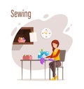 Female dressmaker sewing creative handmade clothes. Woman seamstress sewing dress on sewing machine at home or atelier