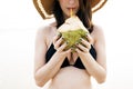 Female Drinking Coconut Beach Outdoors Concept Royalty Free Stock Photo