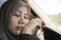 Female Driver Asleep While Driving a Car Royalty Free Stock Photo