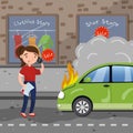 Female driver calling for help after car accident, burning car, car insurance cartoon vector Illustration