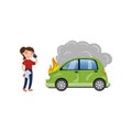Female Driver Calling For Help After Car Accident, Burning Car, Car Insurance Cartoon Vector Illustration